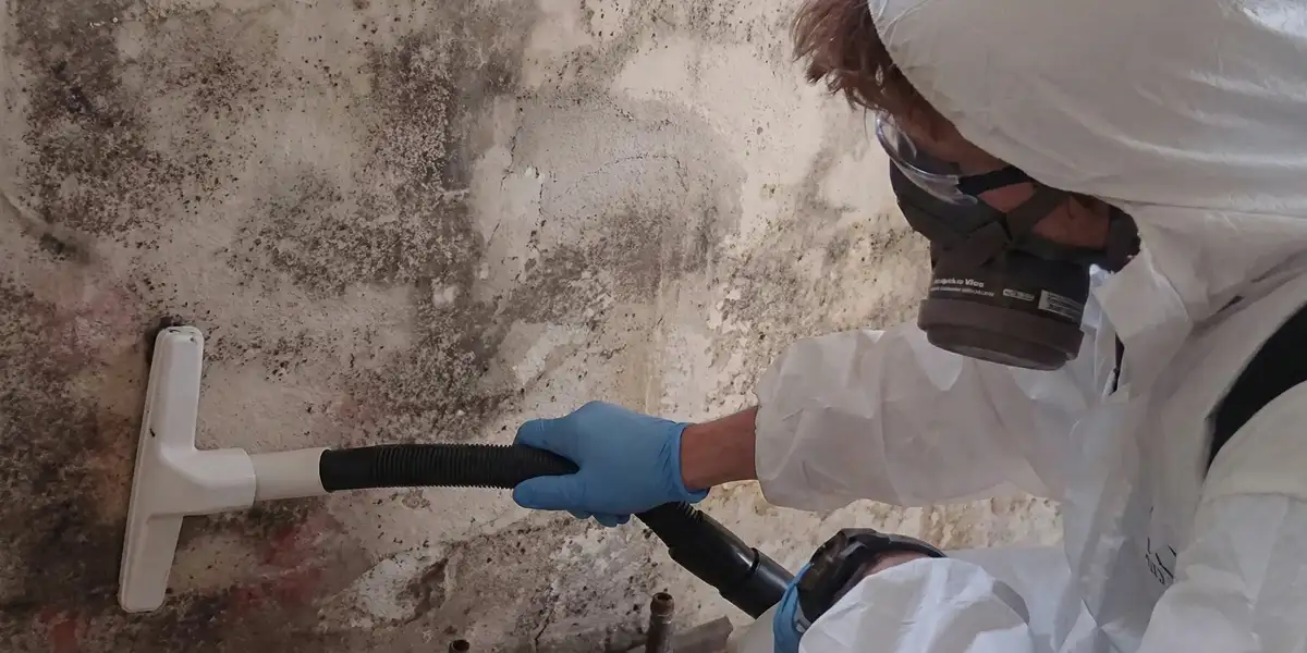 professional mold removal technician wearing protective equipment removing mold from a wall in Anaheim, CA
