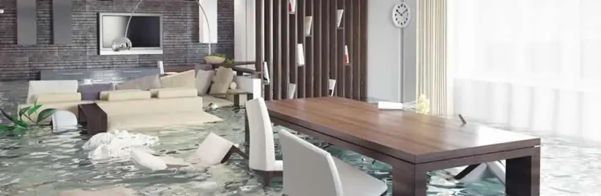 home interior affected by water damage with flooded floors and displaced furniture in Anaheim, CA